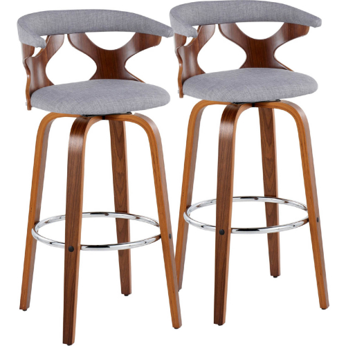 Gardenia 30" Swivel Bar Stool in Walnut Wood & Light Grey Fabric with Chrome Footrest (Set of 2)